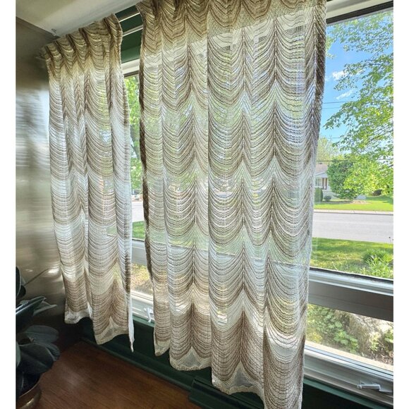 Vintage 70s mesh curtain, cream tan wavy pattern, pleated boho panel, for each - Picture 2 of 10